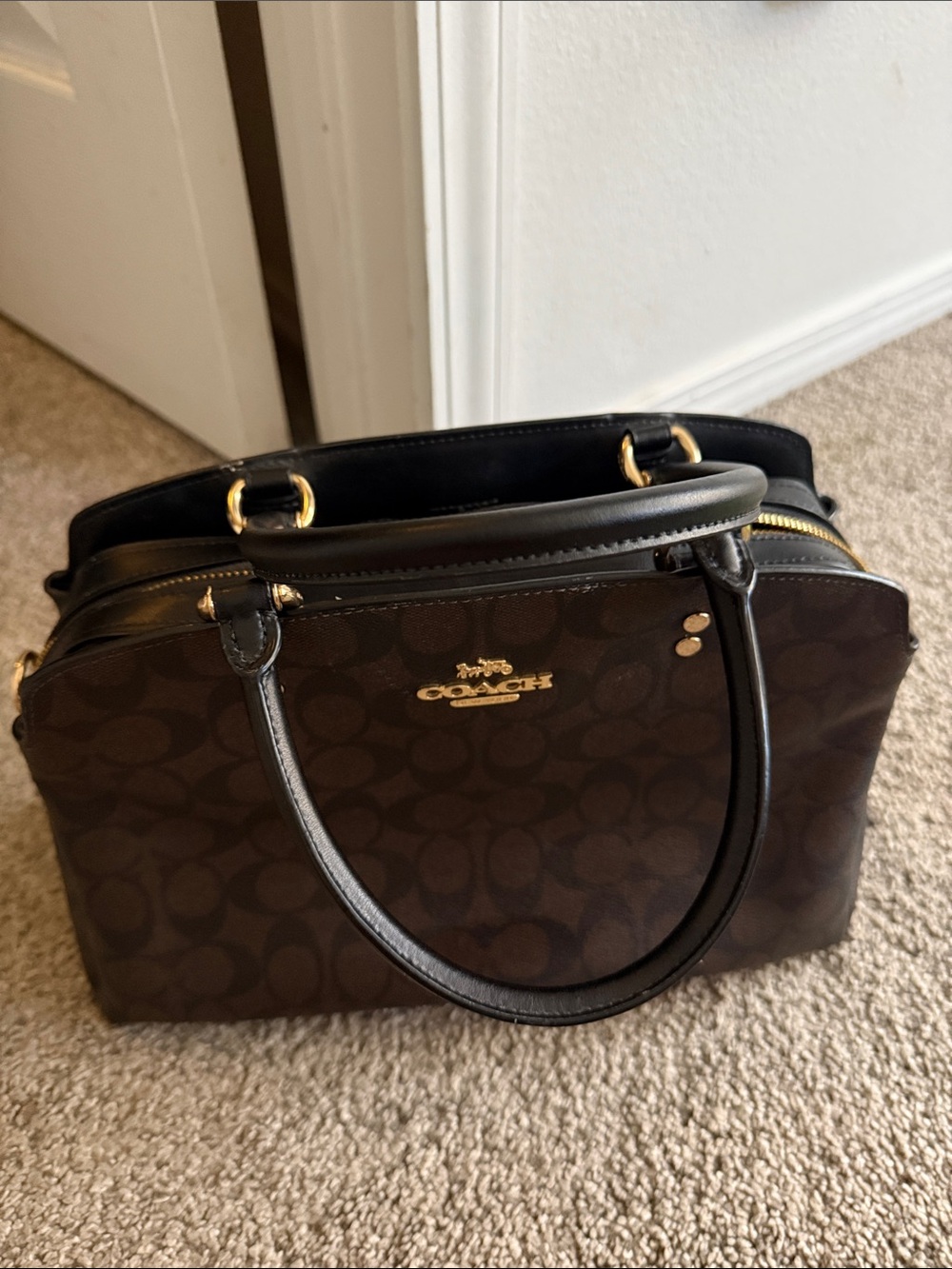Coach Dark Brown Signature Satchel with Black Trim